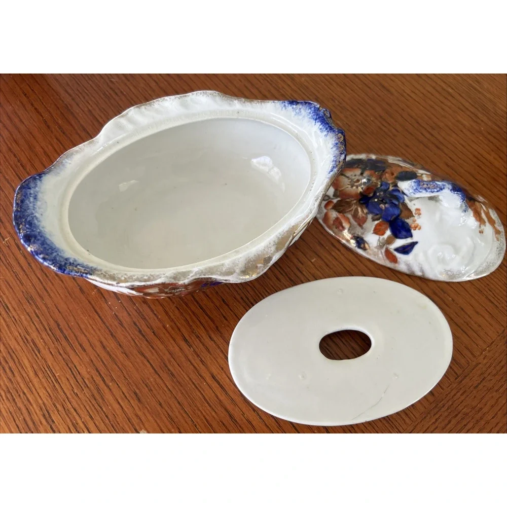 Antique 3 Piece Ridgways Pottery Soap Dish & Toothbrush Holder in Imari Pattern